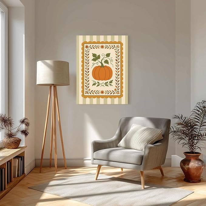 Pumpkin Harvest Wall Art – Vintage Fall Botanical Canvas Print – Autumn Farmhouse Decor with Green Stripes – Thanksgiving Pumpkin Illustration Poster 12x16inch-Unframed