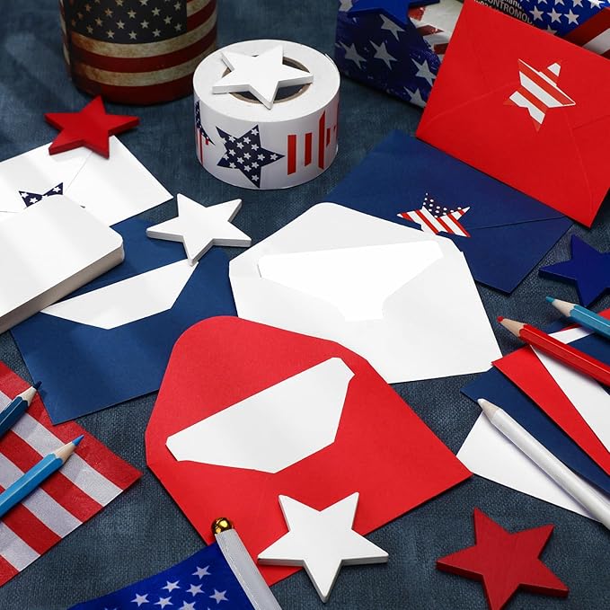400 Set Mini Patriotic Greeting Cards with Envelopes Stickers July 4th Memorial Day Red White Blue Small Greeting Cards Bulk Blank Note for Independence Veterans Day Supplies(Blue,white,red)