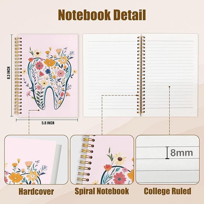 WUCHJ Dentist Gifts Notebook Journal, Dental Assistant Office Gifts for Women, Pink Floral Tooth Dental Spiral Notebook Journal for Note Taking, Dentist Office Supplies, 5.5x8.3 Inch