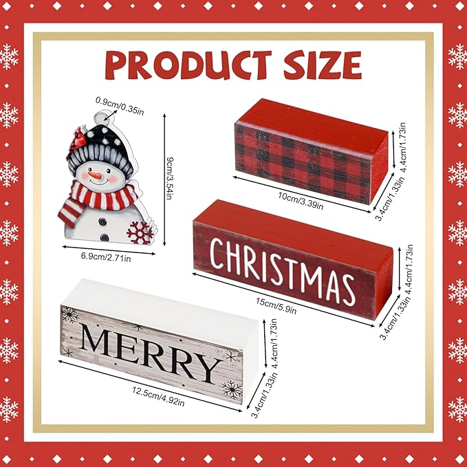 hongbo Christmas Table Decor,Snowman and Buffalo Plaid Wooden Block,Merry Christmas Wood Centerpiece,Winter Xmas Table Sign,Farmhouse Tiered Tray Decor for Home,Party,Shelf,Office and Gifts