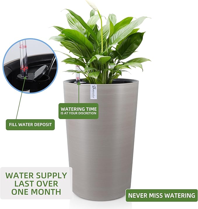 Dexceder 16x12 Tall Self Watering Planter High Cylinder Indoor Outdoor, Thickened Large Floor Standing Flower Plant Pot with Water Level Indicator (Coffee, Wire Drawing)