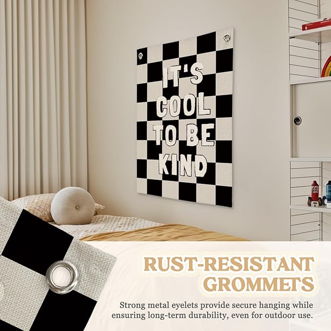 Kids Room Decor,Black and White Classroom Checkered Decor,Be Kind Inspirational Office Decor,Linen Canvas Wall Hanging Flag for Nursery Playroom Classroom 18x25 Inch
