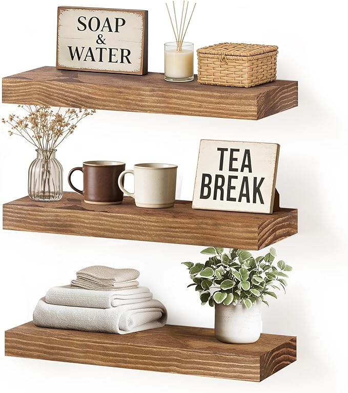 Floating Wall Shelf 16x6.8x1.7 Inch – Solid Wood Shelf in Dark Oak Finish – Wall Mounted Rustic Display Organizer for Bathroom, Kitchen, Bedroom, Small Spaces – Set of 3