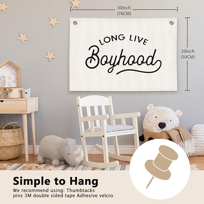 Long Live Boyhood Minimalist Boys Room Decor - Linen Banner Wall Hanging Canvas Banner Flag Decor for Toddler Boy Bedroom Nursery Playroom