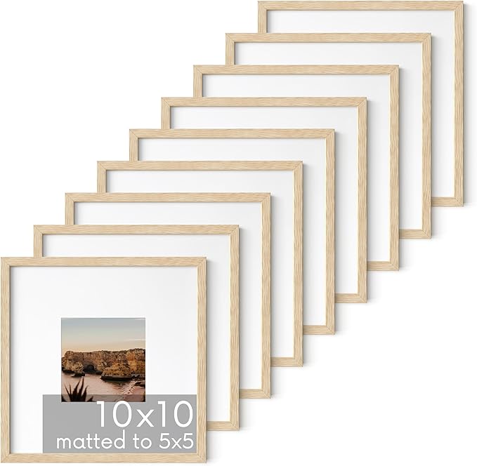 HAUS AND HUES Beige Oak Wood 10x10 Picture Frames - Set of 9, Square Frames with Mat, Elegant Frames for Posters and Wall Decor (10x10 in, Beige, Set of 9)