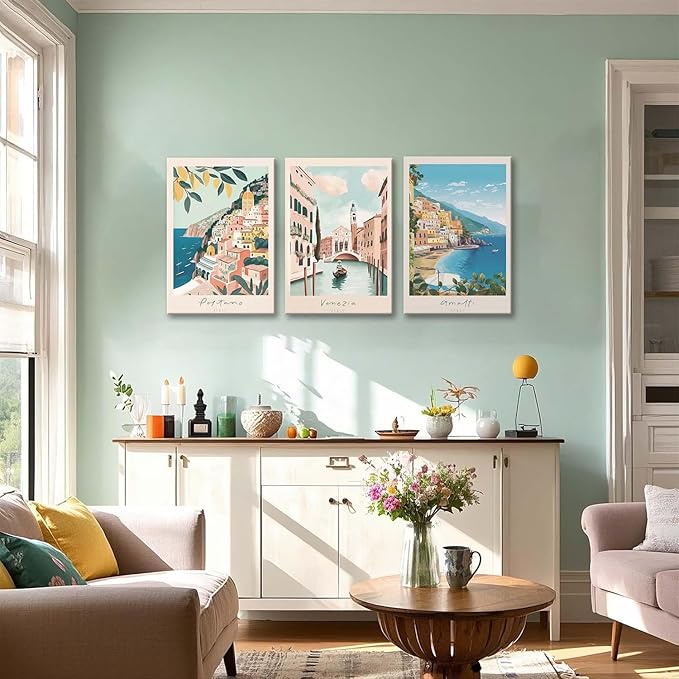 XLARTMY Italy Amalfi Coast Travel Posters Wall Art Framed Canvas Decor City Landscape Blue Venice Coast Painting Beach Modern Artwork for Living Room Bedroom Bathroom Office Set of 3 16x24in