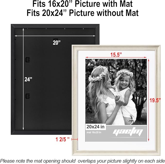 Yaetm 20x24 Picture Frame Matted to 16x20 Set of 2, 1.4" Wide Molding & Rustic White Frames for Wall Gallery, Horizontal and Vertical Wall Mount (2 pack, White)