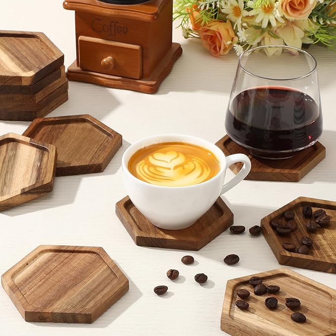 Zhehao 16 Pcs Acacia Wood Coasters Bulk 4 Inch Wooden Stackable Reusable Drink Coasters for Coffee Tea Table Protection Table Bar Home Desk Supplies Housewarming Gifts(Hexagon)