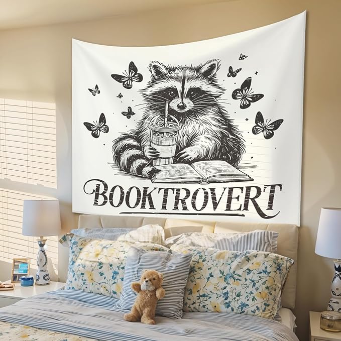 STHTTSW Reading Tapestry, Classroom Booktrovert Raccoon, Bookish Wall Hanging Decor for Dorm Bedroom 50x60 Inch