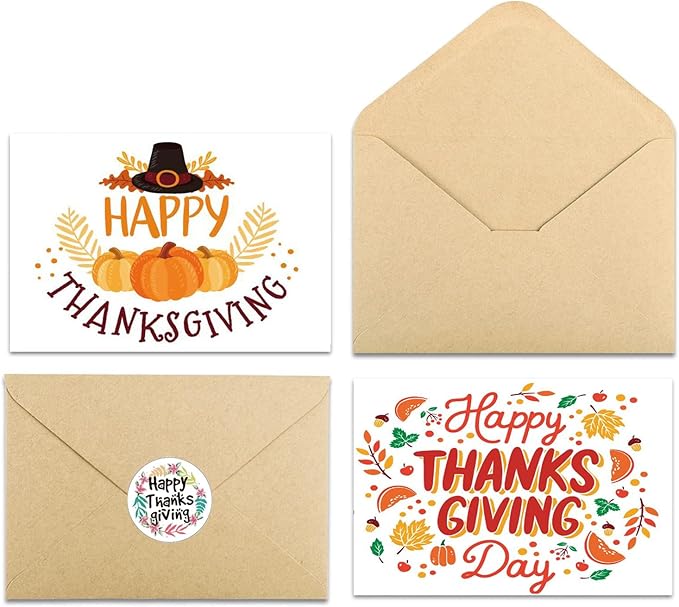 20 Pack Happy Thanksgiving Greeting Cards 4 x 6 Inch Bulk Fall Card Blank Autumn Thank You Cards with Kraft Envelope & Harvest Stickers Suitable for Thanksgiving Party Supply