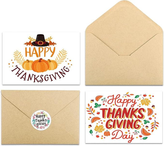 20 Pack Happy Thanksgiving Greeting Cards 4 x 6 Inch Bulk Fall Card Blank Autumn Thank You Cards with Kraft Envelope & Harvest Stickers Suitable for Thanksgiving Party Supply