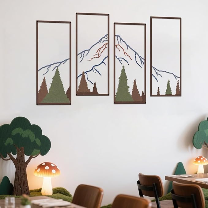 4 Pcs Metal Mountain and Forest Wall Decor Colorful Landscape Mountain Wall Art Pine Tree Forest Wall Decoration Rustic Nature Wall Decor for Living Room Home Office Bathroom Indoor (Middle)