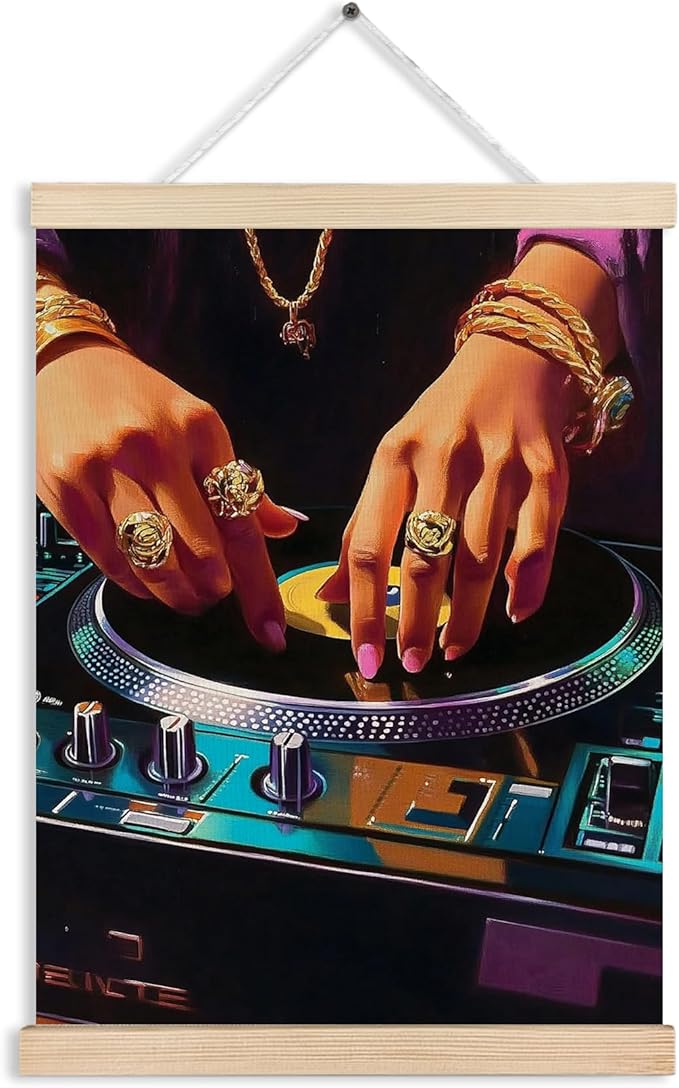Trendy Black Woman Vinyl Record Canvas Wall Art Poster, Eclectic Vintage Pop Musician CD Record Wall Decor Prints for Music Room Studio Home Apartment, 12x16 Inches