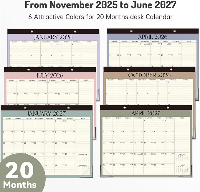 Forvencer Desk Calendar 2026, 20 Months Calendar, Nov. 2025-Jun. 2027, 14" x 11" Wall Calendar 2026 Monthly Planner with Plastic Cover & Stickers & Thick Paper for Office Home School Supplies, Green