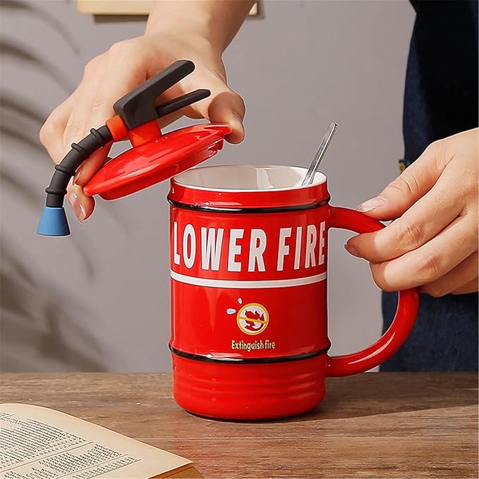 Coffee Mug Cups Ceramic Tea Cup Fire Extinguisher Shaped Handmade Cute Mugs With Lid Spoon Handle Office Home Hot Ice Chocolate Milk Mugs Gifts Microwave Dishwasher Safe Travel Mugs (Red)