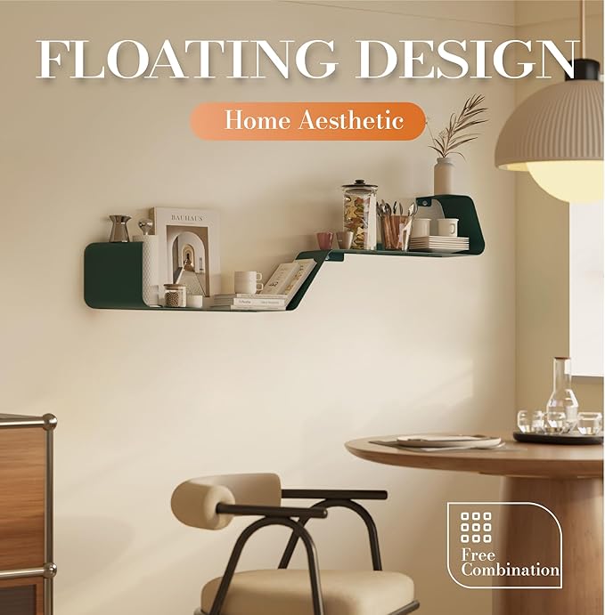 Floating Shelves, Wall Shelf Decor, Set of 3 Mounted Metal Shelves with Unique Design for Wall Storage, Book Shelf, Display Shelves for Bathroom Bedroom Kitchen Living Room for Home Green