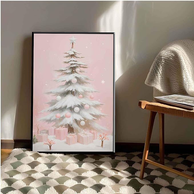 Framed Canvas Wall Art Pink Christmas Tree Wall Art Print Holiday Poster Trendy Christmas Decor 8x12in Metal blackFramed