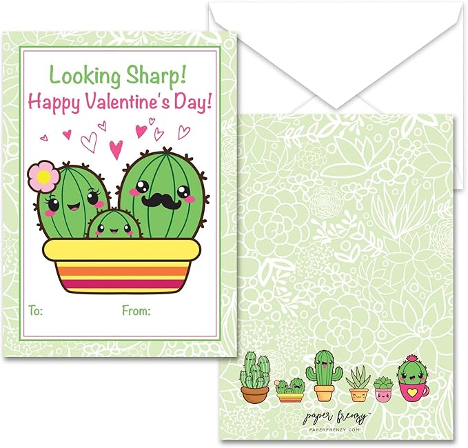 Paper Frenzy Succulent Themed Valentines - 25 pack WITH ENVELOPES
