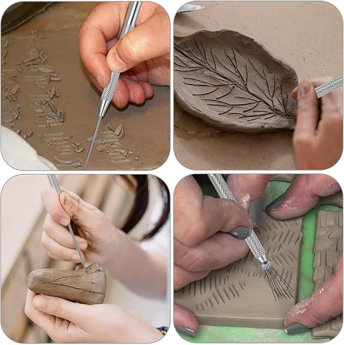 4 PCS Clay Needle and Pottery Feather Wire Texture Tools, Stainless Steel Ceramic Detail Tools, Sculpting Tool Supplies for DIY Craft, Sculpture Detail Texturing and Modeling
