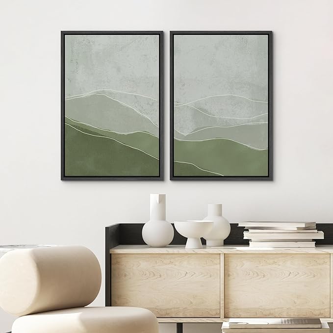 SIGNWIN Framed Wall Art Print Set Faded Green & Gray Wave Landscape Abstract Shapes Illustrations Modern Art Bohemian Relax/Calm Multicolor for Living Room, Bedroom, Office - 16"x24"x2 Black