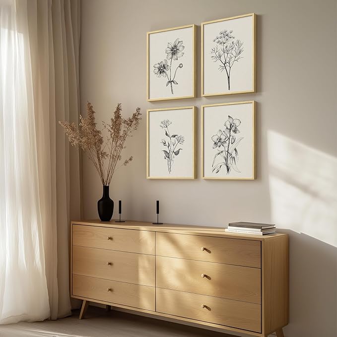 Framed Floral Wall Art for Living Room, 4 Piece Neutral Rustic Botanical Painting Canvas Prints Artwork for Modern Farmhouse, Vintage Minimalist Flower Pictures for Hallway Bedroom Kitchen Wall Decor