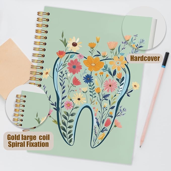 WUCHJ Dentist Gifts Notebook Journal, Dental Assistant Office Gifts for Women, Green Floral Tooth Dental Spiral Notebook Journal for Note Taking, Dentist Office Supplies, 5.5x8.3 Inch
