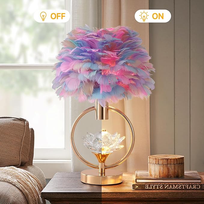 Colorful Feather Lamp 17IN Unique Fluffy Table Lamp Crystal Feather Bedside Nightstand Lamp Nordic Desk Light for Girl Bedroom Wedding Christmas Gift Deco Living Room Entry Office