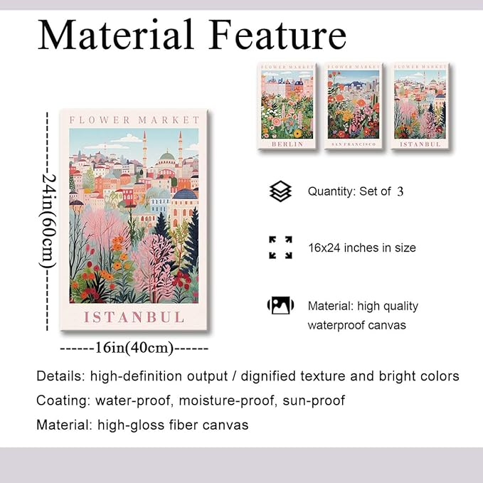 XLARTMY Flower Market Wall Art Prints Canvas Orange and Pink Floral Paintings Colorful Botanical Travel Flower Posters for Home Decor Pictures Set of 3 for Living Room Bedroom 16x24in Unframed
