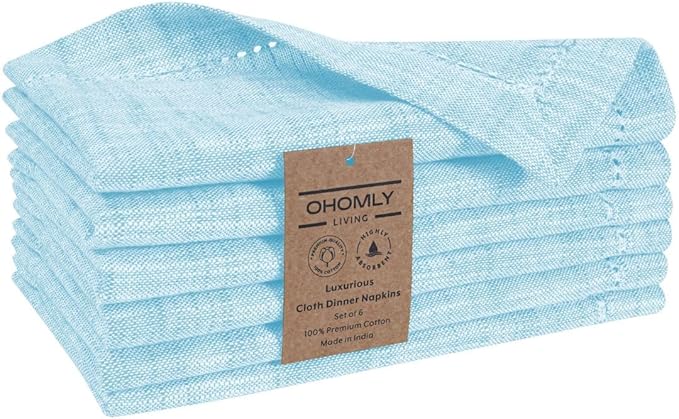 Slub Textured Dinner Napkins Set of 6-100% Cotton Cloth Napkins 18x18 Inch - Soft Durable Washable Fabric Napkins for Everyday Use & Special Occasions Christmas - Aqua Blue