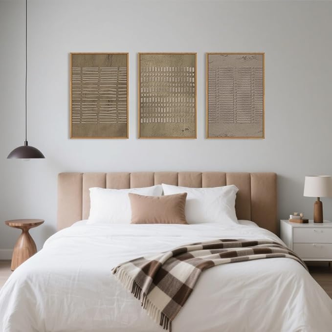 Large Abstract Brown Beige Framed Canvas Wall Art,Modern Lines Dots Wall Decor,Boho Neutral Minimalist Artwork,Mid Century Geometric Art Print for Living Room,Bedroom,Office- 24"x36"x3