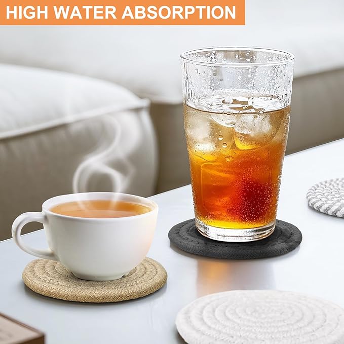 12 Pcs Handmade Woven Coasters for Drinks, Absorbent and Insulating Cotton Coasters with Seagrass Basket Holder set, Boho Perfect for Coffee Table and Home Decor