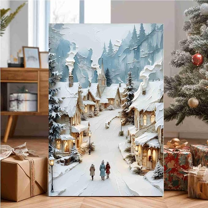 Christmas Winter Painting Snowy Village Street Festive Landscape Print Holiday Church Wall Decor Winter Cottagecore Canvas Painting Indoor Decor for Home Living Room Bedroom Office Christmas Holiday
