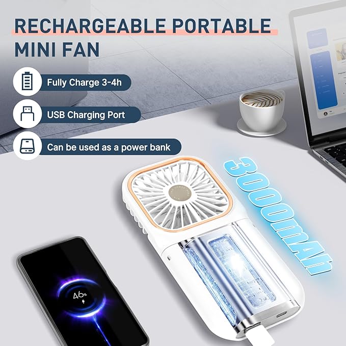 FADACHY Mini Fan Handheld Personal Fan Breeze Quiet Power Neck Fan Rechargeable, Outdoors, Hiking, Camping, white