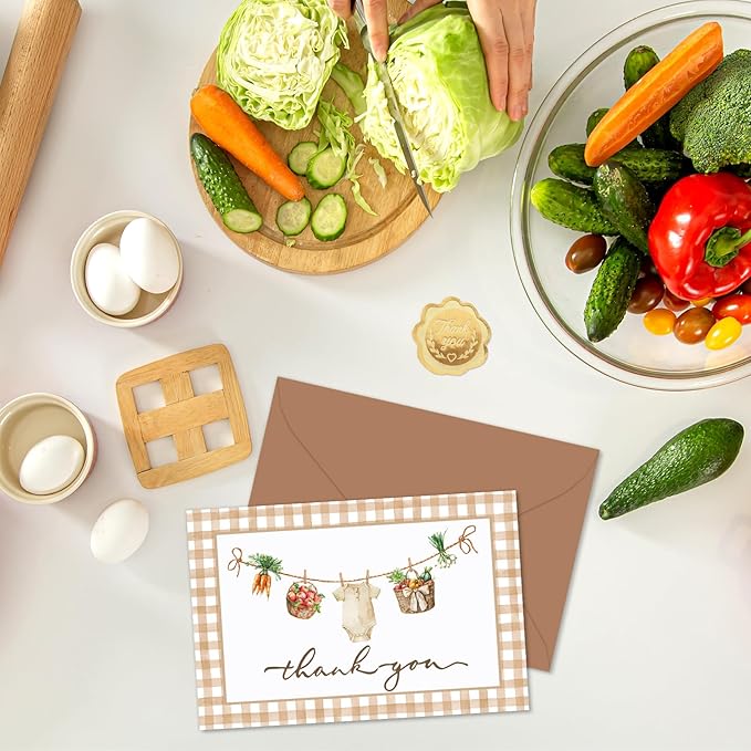 Whaline 24 Pack Baby Shower Thank You Cards Brown Plaid Vegetable Greeting Cards with Envelopes Stickers Cute Blank Note Card for Party Supplies, 4 x 6 Inch
