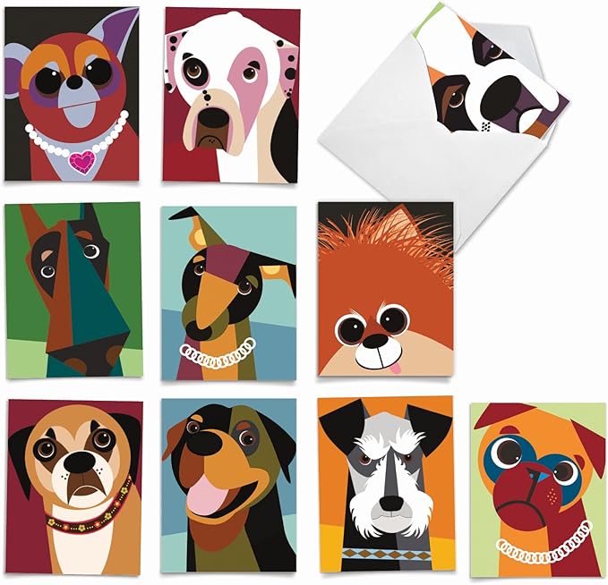 The Best Card Company - 10 Blank Dog Cards Assorted (4 x 5.12 Inch) - Adorable Boxed Animal Note Cards for All Occasions - Cubic Canines M6632OCB