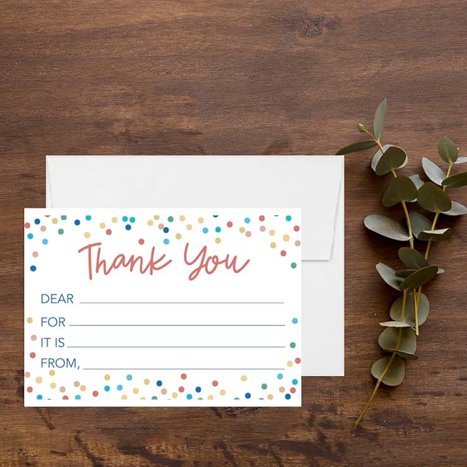 Andaz Press Kids Fill in the Blank Thank You Cards - 20 Cards Including Envelopes Confetti Sprinkles Gender Neutral Note Cards For Boys Girls Birthday Thank You Notes for Friends, Family Party Guests