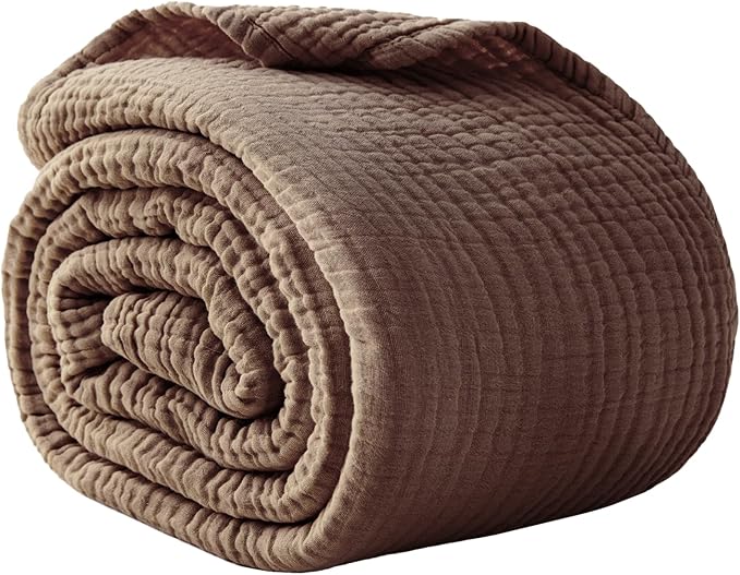 100% Cotton Muslin Blanket Large 50"x 70", Breathable and Lightweight Cotton Throw Blanket for Bed and Couch, Soft Cooling Summer Gauze Blanket for Adults All Season, Linen Brown