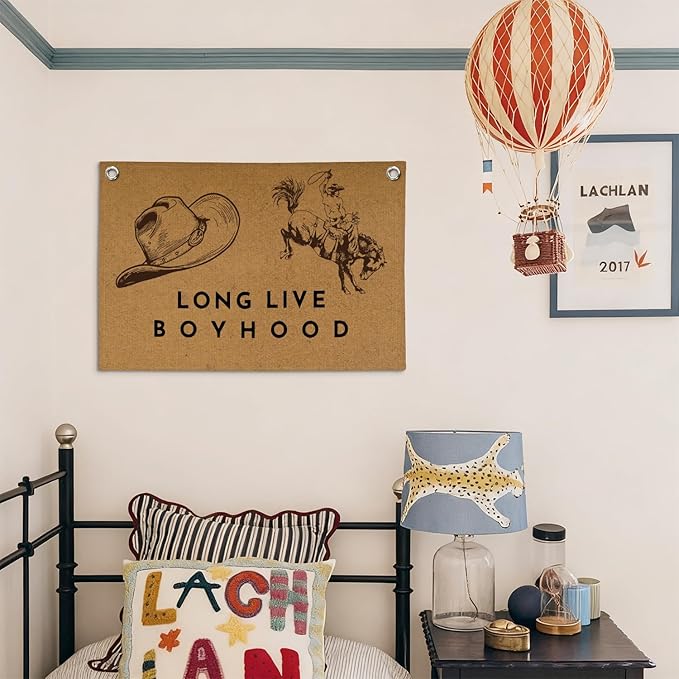 Vintage Western Long Live Boyhood Wall Hanging,Western Farmhouse Cowboy Banner Print,Cowboy Nursery Decor Boy,Retro Cowboy Wall Art for Boys Room Bedroom Home Farmhouse 30X20 Inch