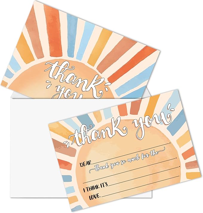 Boho Kids Thank You Cards, Boho Sunshine Thank You Card For Baby Shower Birthday Party, Kids Birthday Cards Fill In The Blank, 20 Pack Cute Greeting Cards With Envelopes For Boys And Girls, 002
