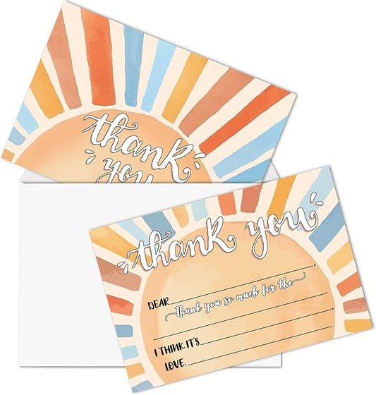 Boho Kids Thank You Cards, Boho Sunshine Thank You Card For Baby Shower Birthday Party, Kids Birthday Cards Fill In The Blank, 20 Pack Cute Greeting Cards With Envelopes For Boys And Girls, 002