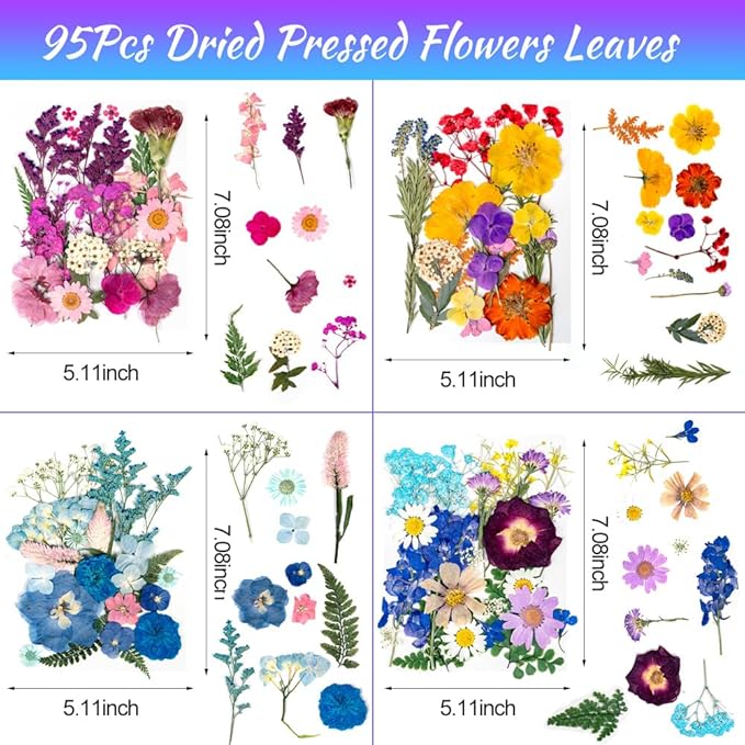 95Pcs Dried Pressed Flowers for Resin, Natural Dried Flowers Leaves, Real Herbs Kit for Scrapbooking DIY Art Crafts, Epoxy Jewelry, Candle, Soap Making, Nails Decor