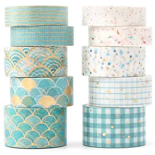 YUBX Creative Washi Tape Set 10 Rolls Gold Foil Print Decorative Masking Tapes for Arts, DIY Crafts, Journals, Planners, Scrapbook, Wrapping (Blue Melody)