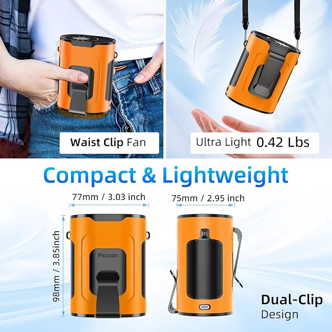 Picozon Portable Smart AI Fan, 9000 RPM Strong Airflow, Rechargeable 4 Speeds Hands-free Wearable Waist Clip Necklace Fan with 20H Non-Stop Cooling System for Outdoor, Hiking Jobsite Camping - Orange