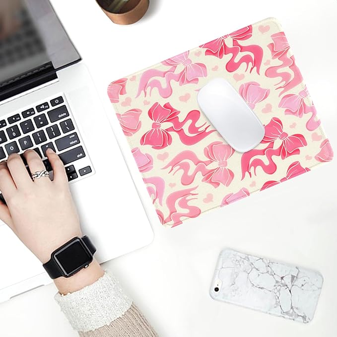 Seorsok Square Abstract Art Pink Bows and Little Love Heart Mouse Mat,Premium Textured Mouse Pads for Office Laptop,Washable Square Mousepads with Extended Stitched Edges Non Slip Rubber Base