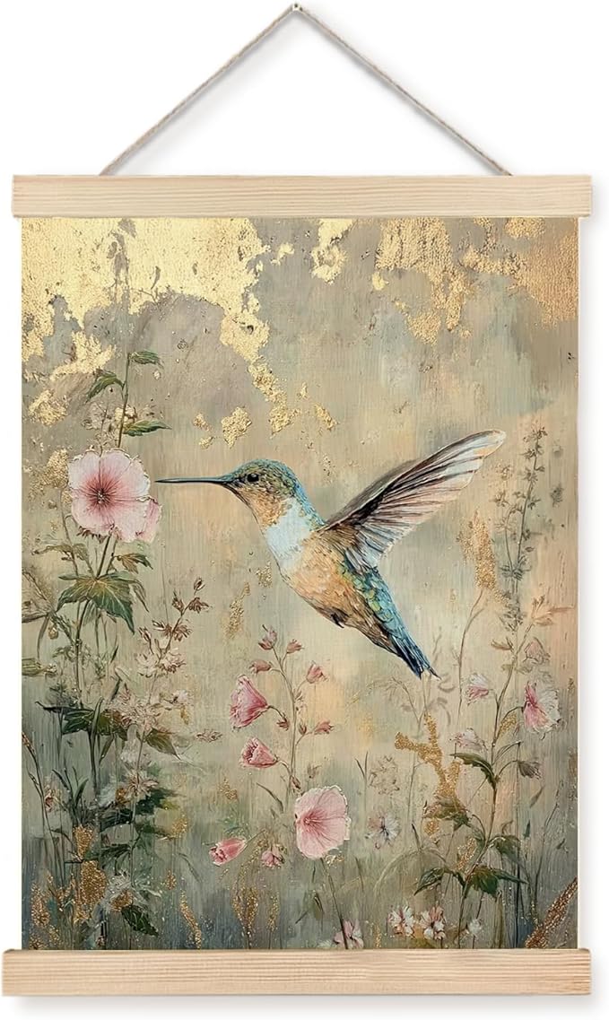 bitCNY 12x16 Inch Hummingbird Canvas Wall Art – Floral Gold Foil Style Poster, Linen Hanging Print for Nature and Bird Lovers Decor