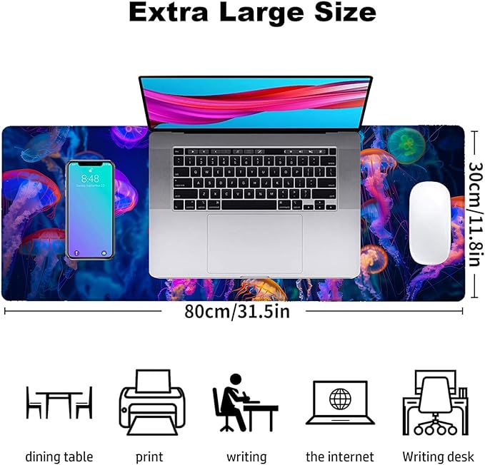 Vibrant Jellyfish Gaming Mouse Pad, Office Desk Mat, Anti-Slip Rubber Base Cool Aesthetic Mouse Pads for Computer Laptop Keyboard School Home Desktop Gamer Home Accessories Decor 31.5" x 11.8"