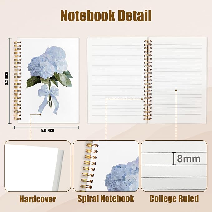Coquette Bow Blue Hydrangea Notebook,Hydrangea Gifts, Aesthetic Hydrangea Flower Spiral Notebook Journal for Note Taking, Coquette Girly Office Supplies, 5.5x8.3 Inch