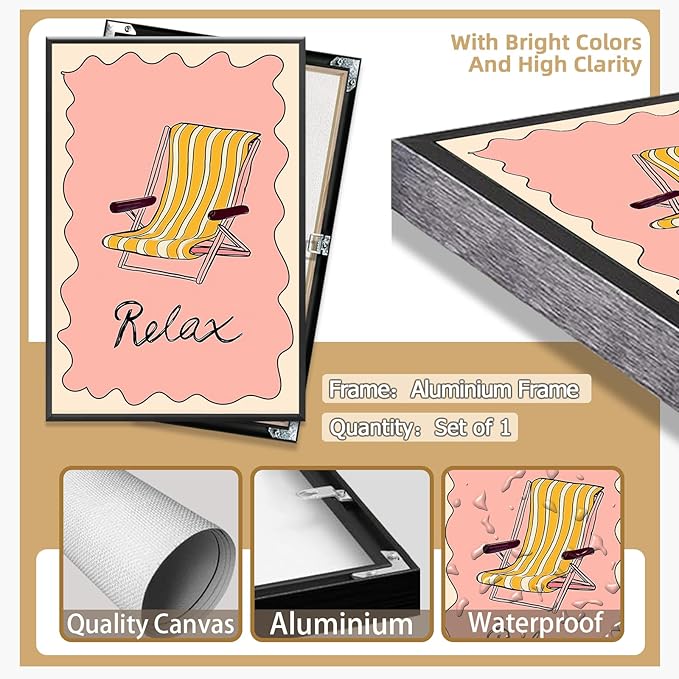 Metal Black Frame Abstract Pink Yellow Ocean Coastal Beach Chair Wall Art Trendy Summer Relaxing Seaside Canvas Prints Painting Aesthetic Preppy Decor Picture for Living Room Decoration 20x30inch