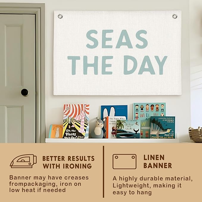 Lacama Beach Theme Wall Decor for Boys Room, Coastal Kids Playroom Nursery Hanging Sign, Seas The Day Linen Canvas Banner, Rustic Nautical Surf 30x20 Inch