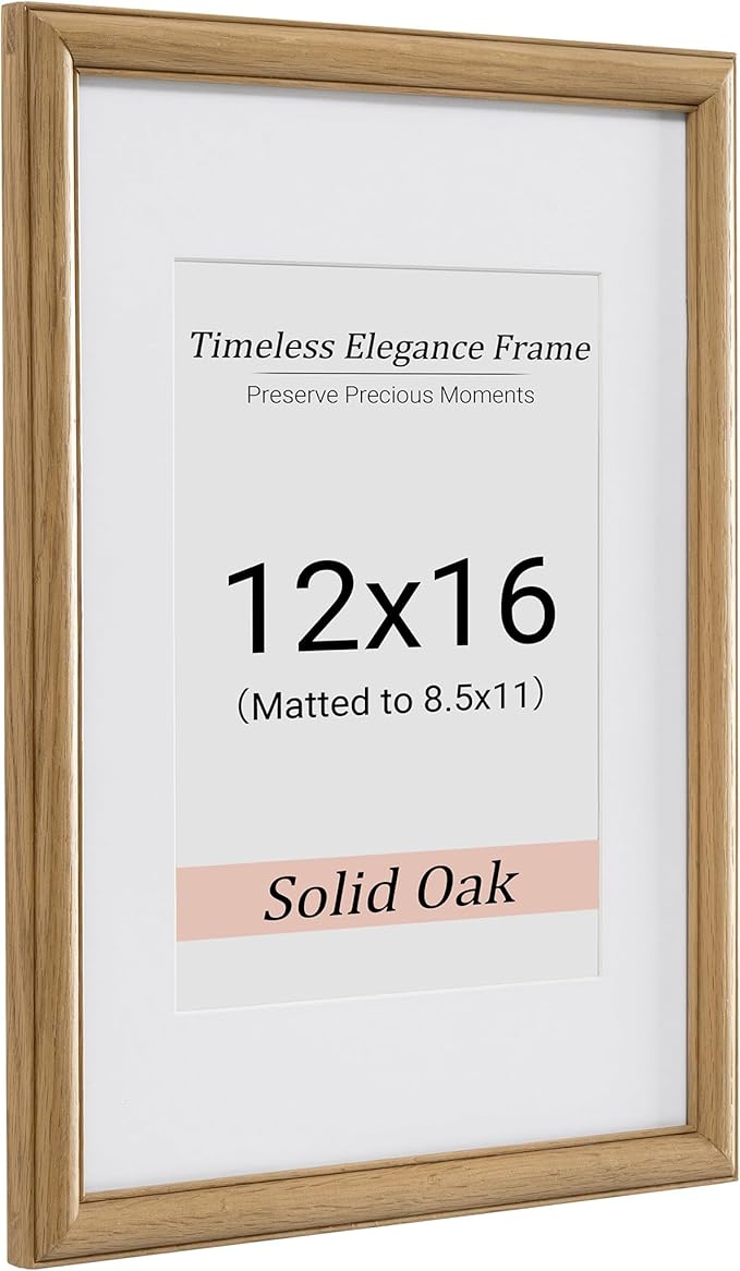 Heimlove 12x16 Picture Frame,12 x 16 Solid White Oak Photo Frame Matted to 8.5x11 with Tempered Glass,12"x16" Handcrafted wood Poster Frame,Vertical or Horizontal Wall Hanging Display,1 Pack